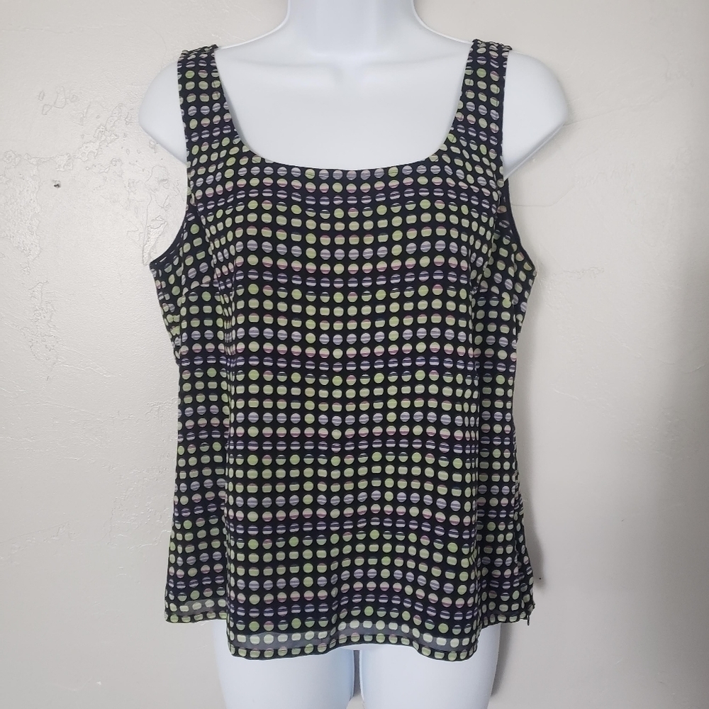 St. John Women's Small Black Sleeveless Blouse Colorful Circles Print Zip Side